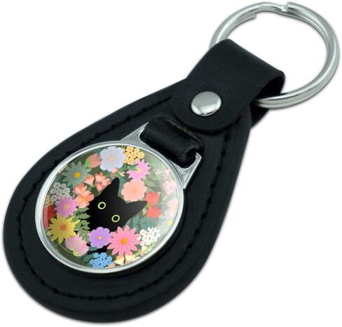 Black Leather Black Cat Hiding in Spring Flowers Keychain in Saudi Arabia