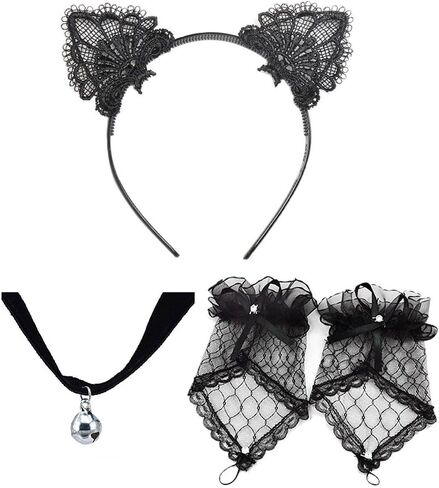 Cat Ears Headband Bell Choker Lace Fingerless Gloves Set for Cosplay Costume in Kuwait