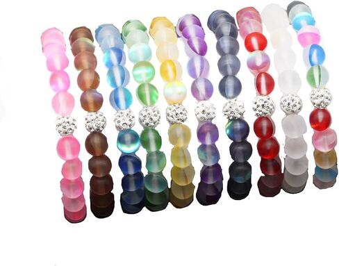 Africanbeads 5 قطع سوار الصداقة الزجاجي لحورية البحر الصوفي مع 8 ملم من الخرز الأبيض المتوهج من حجر القمر سوار قابل للتمدد مع سحر الحب من حجر الراين للنساء والفتيات المجوهرات in Saudi Arabia