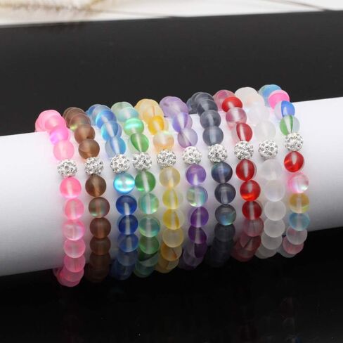 Africanbeads 5 قطع سوار الصداقة الزجاجي لحورية البحر الصوفي مع 8 ملم من الخرز الأبيض المتوهج من حجر القمر سوار قابل للتمدد مع سحر الحب من حجر الراين للنساء والفتيات المجوهرات in Saudi Arabia