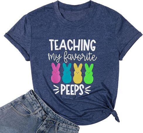 Easter Teacher Shirt Womens Teaching My Favorite Peeps Shirts Funny Rabbit Bunny Graphic Tee Casual Letter Print Tops in Saudi Arabia