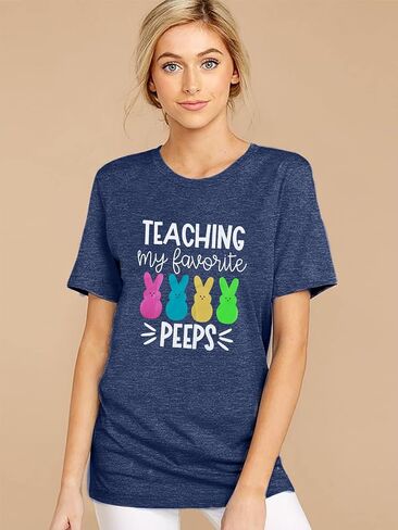 Easter Teacher Shirt Womens Teaching My Favorite Peeps Shirts Funny Rabbit Bunny Graphic Tee Casual Letter Print Tops in Saudi Arabia