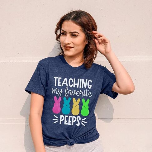 Easter Teacher Shirt Womens Teaching My Favorite Peeps Shirts Funny Rabbit Bunny Graphic Tee Casual Letter Print Tops in Saudi Arabia