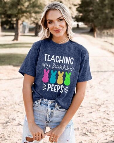 Easter Teacher Shirt Womens Teaching My Favorite Peeps Shirts Funny Rabbit Bunny Graphic Tee Casual Letter Print Tops in Saudi Arabia