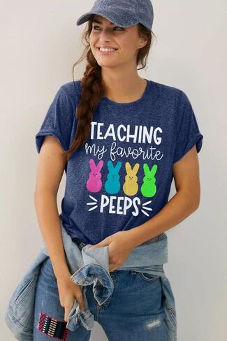 Easter Teacher Shirt Womens Teaching My Favorite Peeps Shirts Funny Rabbit Bunny Graphic Tee Casual Letter Print Tops in Saudi Arabia
