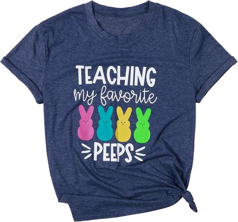 Easter Teacher Shirt Womens Teaching My Favorite Peeps Shirts Funny Rabbit Bunny Graphic Tee Casual Letter Print Tops in Saudi Arabia