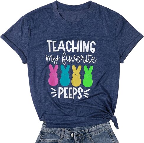 Easter Teacher Shirt Womens Teaching My Favorite Peeps Shirts Funny Rabbit Bunny Graphic Tee Casual Letter Print Tops in Saudi Arabia