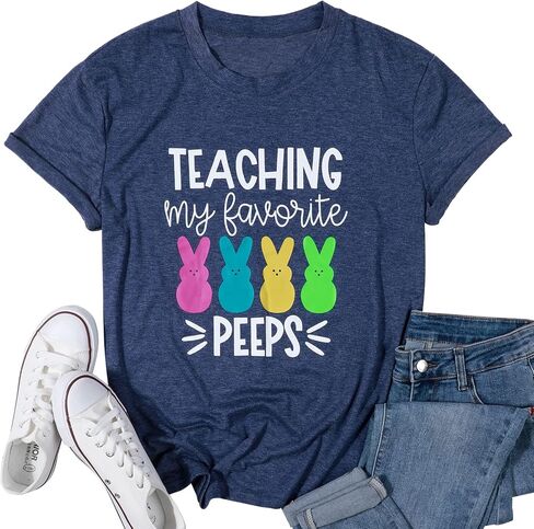 Easter Teacher Shirt Womens Teaching My Favorite Peeps Shirts Funny Rabbit Bunny Graphic Tee Casual Letter Print Tops in Saudi Arabia