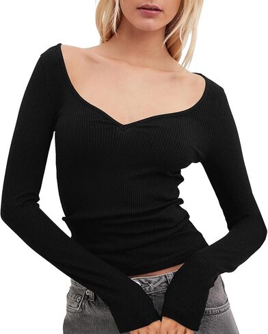 قمصان نسائية طويلة الأكمام على شكل قلب وخط عنق عصري كاجوال وأساسي تي شيرت نحيف مناسب من LadieTops in Kuwait