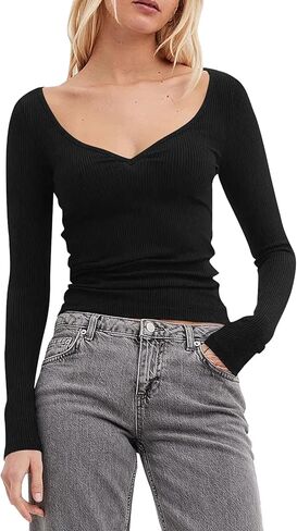 قمصان نسائية طويلة الأكمام على شكل قلب وخط عنق عصري كاجوال وأساسي تي شيرت نحيف مناسب من LadieTops in Kuwait