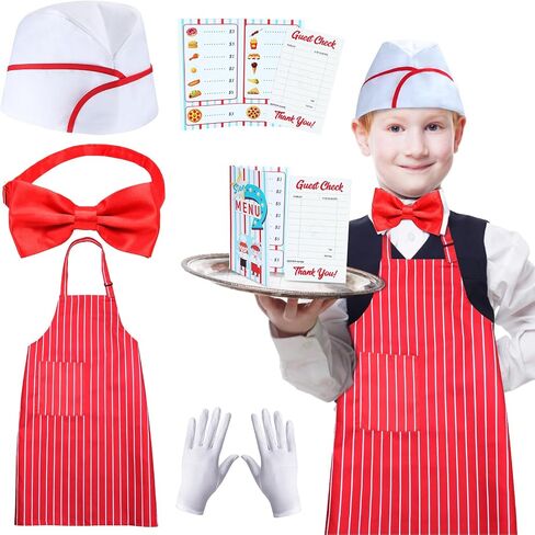 Kids Waiter Costume Set Vendor Costume Kit 6 Pcs Hat Apron Bow Tie Gloves Cards For Halloween Pretend Play Dress Up in Saudi Arabia