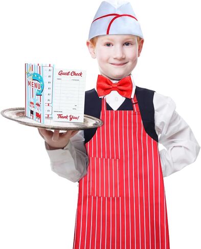 Kids Waiter Costume Set Vendor Costume Kit 6 Pcs Hat Apron Bow Tie Gloves Cards For Halloween Pretend Play Dress Up in Saudi Arabia