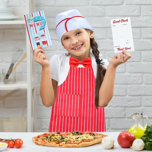 Kids Waiter Costume Set Vendor Costume Kit 6 Pcs Hat Apron Bow Tie Gloves Cards For Halloween Pretend Play Dress Up in Saudi Arabia