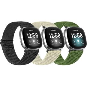 3 Pack Elastic Nylon Watch Bands Compatible with Fitbit Versa 3/Fitbit Sense, Soft Adjustable Breathable Fabric Stretchy Replacement Wristbands for Women and Men