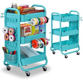 DESIGNA 3-Tier Utility Storage Rolling Cart with Removable Pegboard & Extra Storage Baskets Hooks, Metal Craft Art Carts for Gift Home Office, Teal