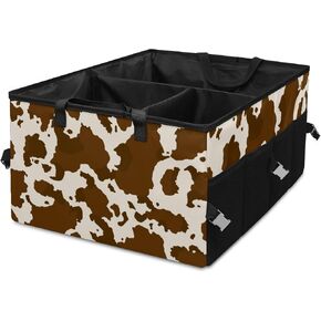 Brown Cow Print Car Trunk Organizer,Collapsible Cargo Storage Tote Bag,Non Slip,3 Divider Compartments, Automotive Interior Accessories for Auto SUV Truck Vehicle Picnic Camping