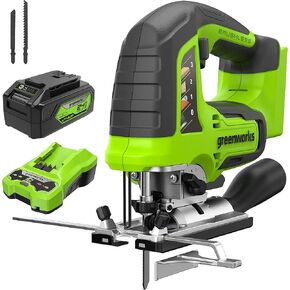 Greenworks 24V Brushless Jig Saw，1*2AH Battery+2A adaptor, 6PCS Blades (4 x Saw blade for woodworking. 2 x Saw blade for metal)