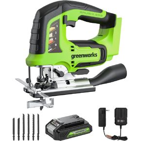 منشار رقص بدون فرشاة 24 فولت من Greenworks، بطارية 1 * 2AH + محول 2A، 6 قطع شفرات (4 × شفرة منشار للأعمال الخشبية. 2 × شفرة منشار للمعادن)