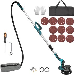 Drywall Sander with Vacuum 750W 110V Electric Pole Wall Sander Floor Sander Ceiling Sander Machine with 5 Variable Speed 900-1800RPM with 12 Pcs Sanding Discs with Led Light