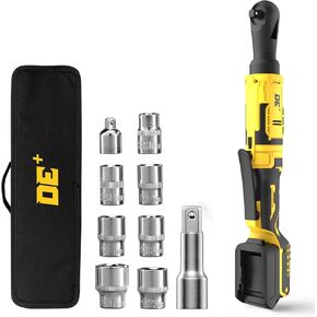 74Ft-lb 3/8" Cordless Ratchet Wrench Kit, for Dewalt 20V Battery Electric Power Ratchet Wrench, 400 RPM, Variable Speed Trigger, LED Light, 1/4" Adapter, 8 Sockets, No Battery Included in Kuwait