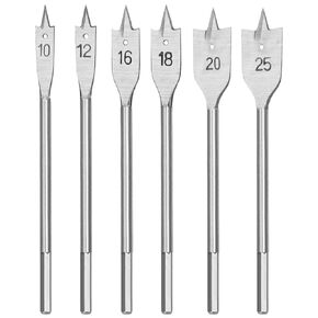 6Pcs Assorted Set Spade Drill Bits, Carbon Steel Paddle Flat Bit 1/4 in Hex Shank Ideal Wood Drilling Set for Fast Drilling Applications in Wood, Plywood, Particle board, Fiberboard(10-25mm)