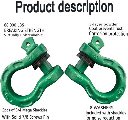 Heavy Duty D-Ring Shackle, 68,000 lbs Break Strength, Stronger Than 3/4" D Rings, Tow Shackle with 7/8" Screw Pin & Washers for Off-Road Towing Jeep Vehicle Recovery, Grey, 2 Pack in Kuwait
