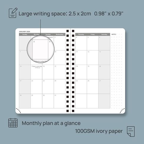 دفتر ملاحظات POPRUN 2024 Planner الأسبوعي مقاس 8.5 بوصة × 10.5 بوصة، كتاب مواعيد أجندة 2024 مع علامات تبويب شهرية، غطاء حلزوني ناعم، جيب داخلي، 100 جرام في المتر المربع - أسود in Kuwait