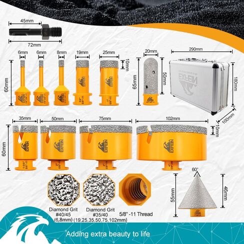 Diamond Tile Hole Saw Kit 12pcs - Diamond Core Drill Bits 6/6/8/19/25/35/50/75/102mm for Tile Porcelain Ceramic Marble with 20mm Finger Bit and 50mm Chamfer Bit Trimming Holes and SDS Adapter in Saudi Arabia