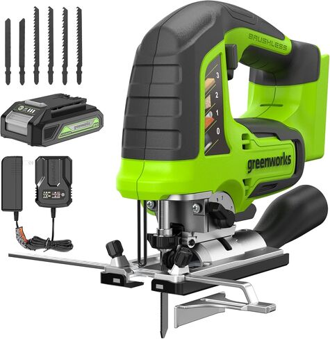 Greenworks 24V Brushless Jig Saw，1*2AH Battery+2A adaptor, 6PCS Blades (4 x Saw blade for woodworking. 2 x Saw blade for metal) in Saudi Arabia