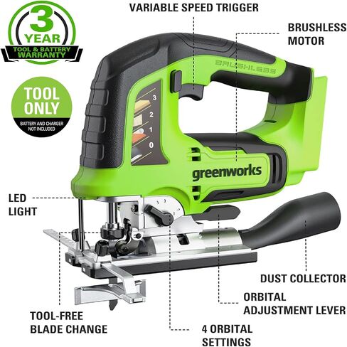 Greenworks 24V Brushless Jig Saw，1*2AH Battery+2A adaptor, 6PCS Blades (4 x Saw blade for woodworking. 2 x Saw blade for metal) in Saudi Arabia