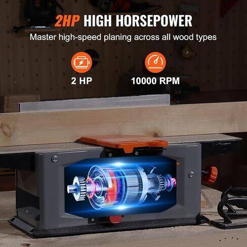 VEVOR Spiral Benchtop Jointer, 8-Inch, 2HP 10000 RPM Bench Top Wood Jointer, 18-Blade Spiral Cutterhead with Extendable Arm up to 6.5'' and 8x42.3'' Worktable 0-1/8'' Adjustable Depth, for Woodworking in Kuwait
