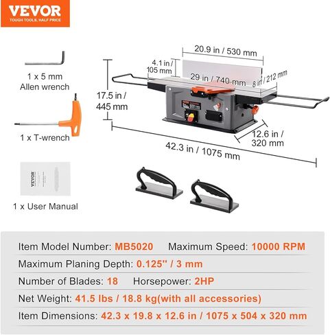 VEVOR Spiral Benchtop Jointer, 8-Inch, 2HP 10000 RPM Bench Top Wood Jointer, 18-Blade Spiral Cutterhead with Extendable Arm up to 6.5'' and 8x42.3'' Worktable 0-1/8'' Adjustable Depth, for Woodworking in Kuwait