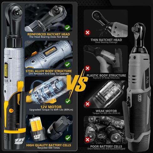 Alloypower 3/8" 60 Ft-lbs Cordless Electric Ratchet Wrench, 12V Electric Ratchet, Power Wrench Ratchet With Variable Speed, LED Light, 6 Sockets, 1/4" Adapter, 2 Batteries in Saudi Arabia