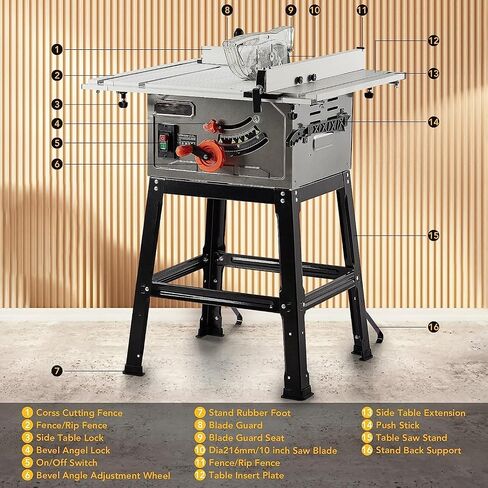 Table Saw, PIONEERWORKS10inch 15A 5000RPM Portable Table Saw with Stand & Safety Switch, Push Stick, 90°Cross Cut & 0-45°Cutting, Multifunctional Table Saw for Woodworking, DIY Working in Saudi Arabia