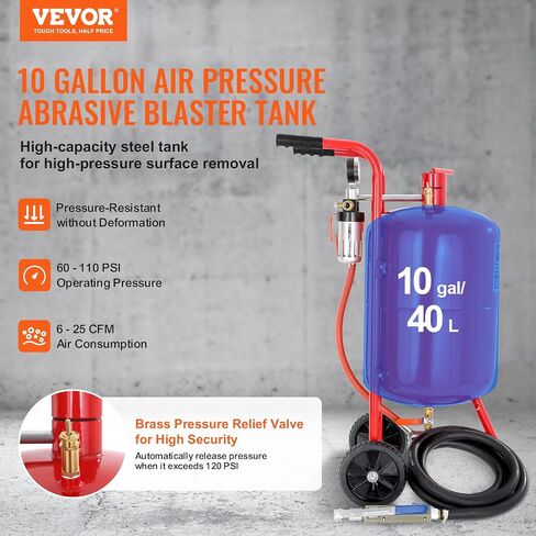 VEVOR Sand Blaster، وعاء رمل بسعة 10 جالون، مجموعة تفجير الرمل بالضغط 60-110 رطل لكل بوصة مربعة مع 4 فوهات سيراميك وخرطوم 8 أقدام، مثالية للطلاء والبقع وإزالة الصدأ in Saudi Arabia