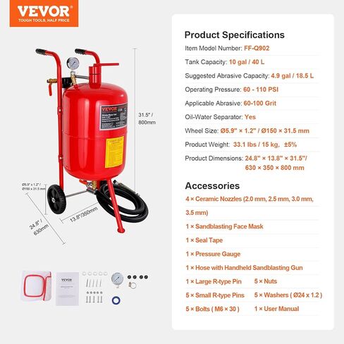 VEVOR Sand Blaster، وعاء رمل بسعة 10 جالون، مجموعة تفجير الرمل بالضغط 60-110 رطل لكل بوصة مربعة مع 4 فوهات سيراميك وخرطوم 8 أقدام، مثالية للطلاء والبقع وإزالة الصدأ in Saudi Arabia