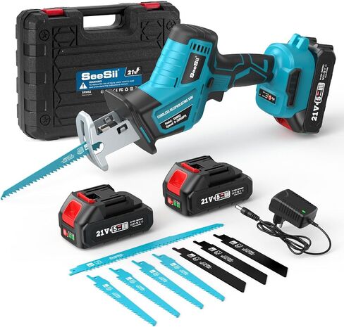Seesii Reciprocating Saw, 2 * 2000mAh Batteries, 3500RPM Brushless Power Cordless Reciprocating Saw with LED Light, Tool-free Blade Change 8 Saw Blades Portable Reciprocating Saw for Wood PVC Cutting in Saudi Arabia