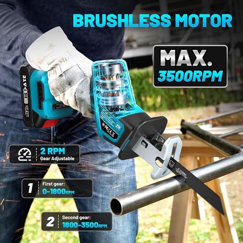 Seesii Reciprocating Saw, 2 * 2000mAh Batteries, 3500RPM Brushless Power Cordless Reciprocating Saw with LED Light, Tool-free Blade Change 8 Saw Blades Portable Reciprocating Saw for Wood PVC Cutting in Saudi Arabia