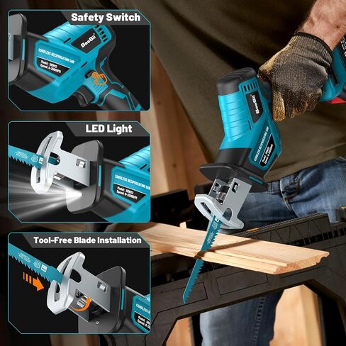Seesii Reciprocating Saw, 2 * 2000mAh Batteries, 3500RPM Brushless Power Cordless Reciprocating Saw with LED Light, Tool-free Blade Change 8 Saw Blades Portable Reciprocating Saw for Wood PVC Cutting in Saudi Arabia