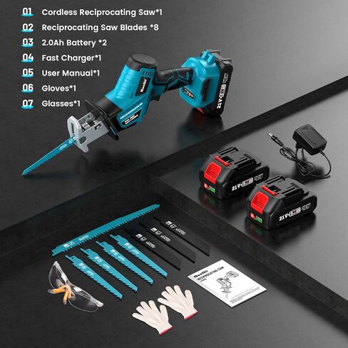 Seesii Reciprocating Saw, 2 * 2000mAh Batteries, 3500RPM Brushless Power Cordless Reciprocating Saw with LED Light, Tool-free Blade Change 8 Saw Blades Portable Reciprocating Saw for Wood PVC Cutting in Saudi Arabia