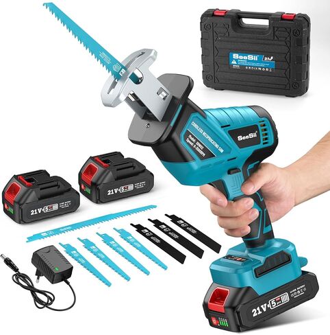 Seesii Reciprocating Saw, 2 * 2000mAh Batteries, 3500RPM Brushless Power Cordless Reciprocating Saw with LED Light, Tool-free Blade Change 8 Saw Blades Portable Reciprocating Saw for Wood PVC Cutting in Saudi Arabia
