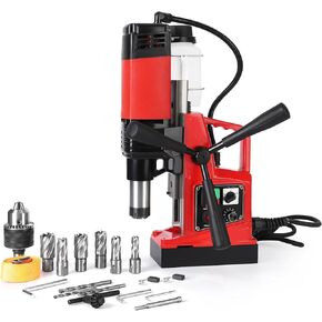 Magnetic Drill Press, 1400W 810RPM Portable Mag Drill Press, 10-Speed Core Drilling Machine for Metal Working,10Pcs Annular Cutters Drill Bits，Red