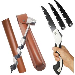 Hand Auger Wood Drill, Upgrade Welds Bushcraft Auger w/ Sharp Scottish Eye, Survival Tools for Bushcraft Projects/ Camping/Outdoors, 1*10inch Settlers Wrench & Folding Saw Kit, Bushcraft Gear
