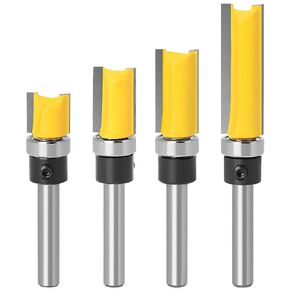 4Pcs Pattern Flush Trim Router Bit Set 1/4 Inch Shank Carbide Straight Cut Router Bit Cutting Length 15/32", 25/32", 31/32", 1-1/2" Template Guide Woodworking Milling Cutter Tool