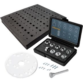 POWERTEC 72033 Dia 6-1/2" Clear Acrylic Multiple Pre Drilled Holes Router Base Plate with Centering Pin, Screws, Router Bit Tray for 110 Bits and 10 pcs Porter Cable Style Brass Router Guide Bushing