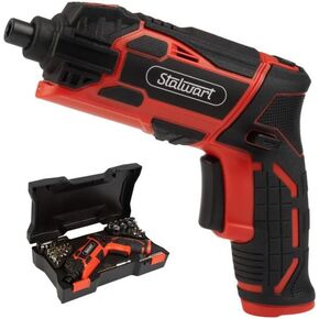 4V Electric Screwdriver 45-Piece Set - Rechargeable Cordless 4.5Nm 250RPM Screw Gun with Dual Position Grip and LED Light by Stalwart (Red)