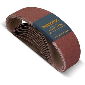 POWERTEC 15PK 4 x 21 Inch Sanding Belts for Belt Sander, 5 Each of 80, 120, 150 Grits, Aluminum Oxide Belt Sander Paper Assortment for Wood & Paint Sanding, Metal Polishing (110011)