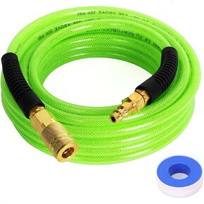Air Compressor Hose 1/4 Inch x 25 Feet Reinforced Polyurethane (PU) Air Hose with Fittings, Bend Restrictors, 1/4" Industrial Quick Coupler and Plug Kit, Green