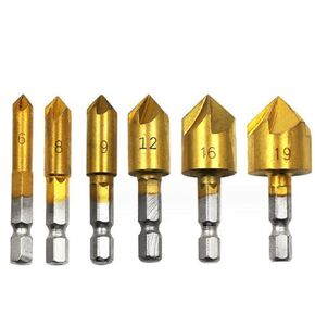 6Pcs HSS Hex Countersink Drill Bit Set 5 Flute 82 Degree Carbon Steel Chamfer Cutter Center Punch Tool Sets for Wood Quick Change Bit,deburring, bore-Hole (6mm-19mm)