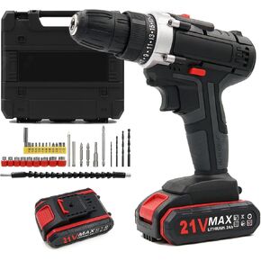 21V Power Cordless Drill Set with 2 x 1.2Ah Batteries, 3/8 Inch Chuck Electric Drill with Tool Case, 2 Speed, 25+3 Torque Levels, Max 400 In-lb Torque, LED Light, for Home and Garden DIY Project